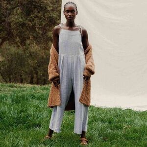 CHRISTY DAWN Cotton Striped White Blue Jumpsuit Sz L